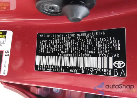 2016 Toyota Corolla Le from USA, damaged, VIN 5YFBURHE6GP400985